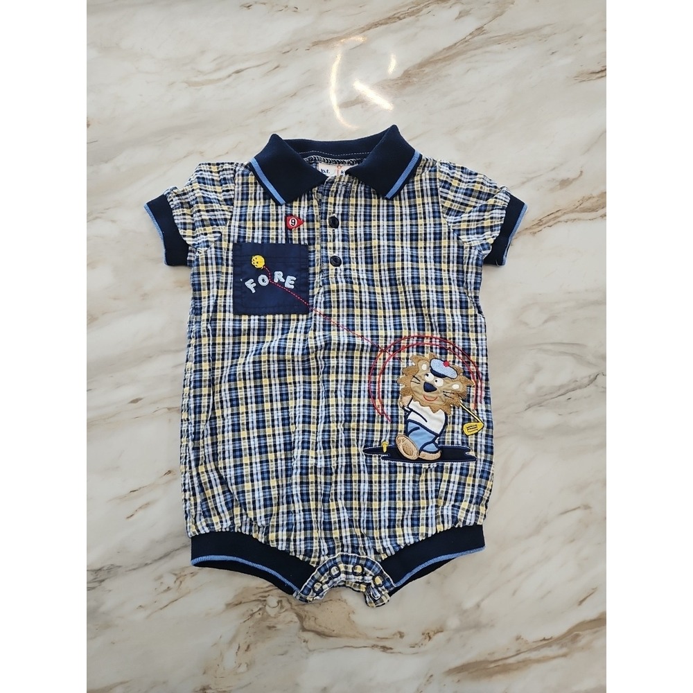 B. T. Kids Boys Golf Romper 6/9ā Months Embroidered Lion Golfing
